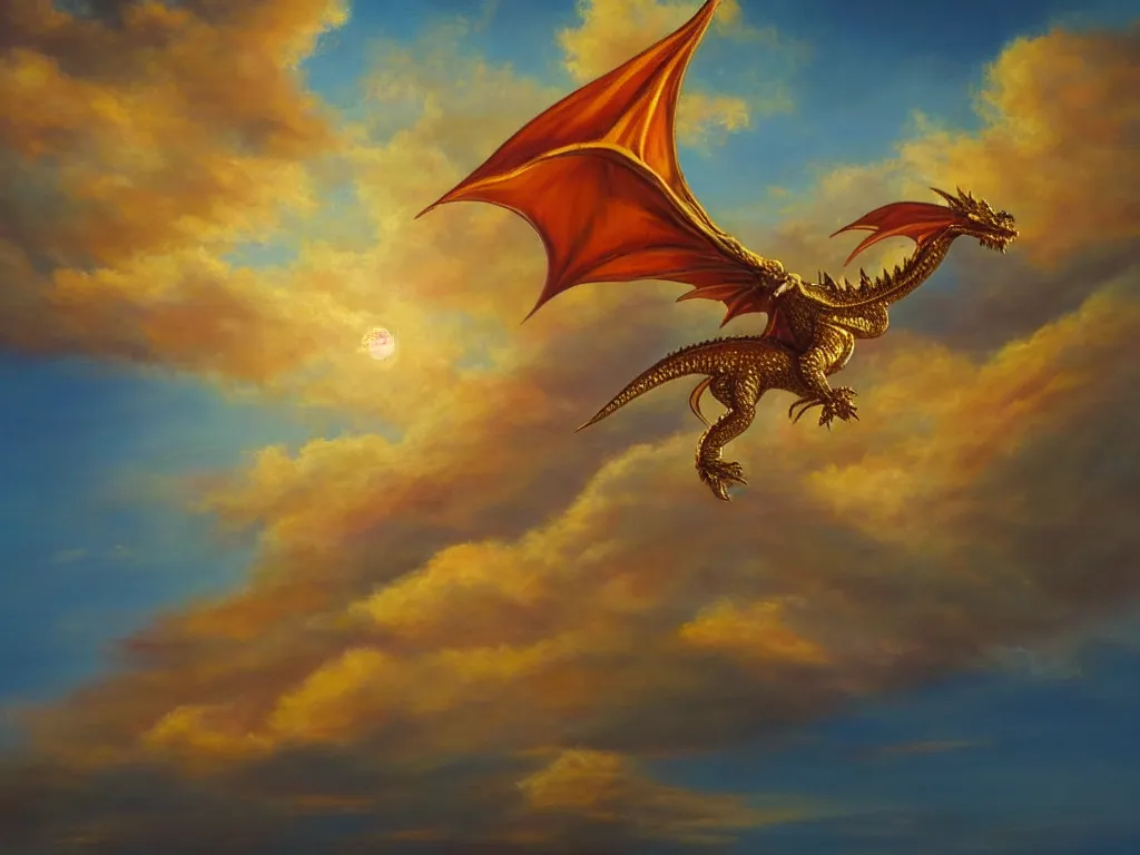 Prompt: A Gold Dragon flying in sunset clouds, realistic oil painting