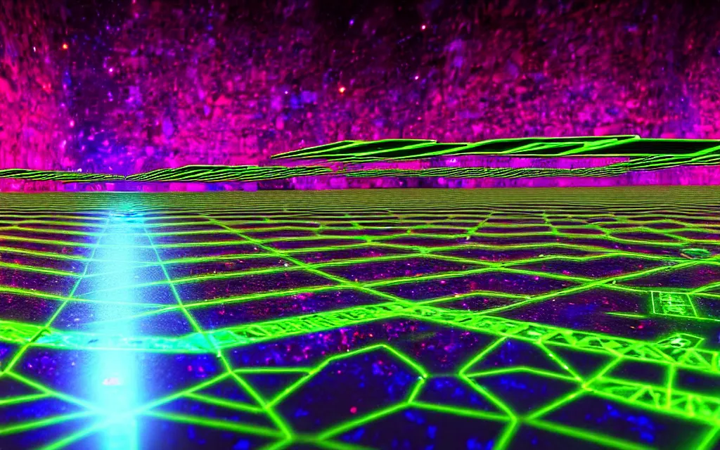Prompt: the last hologram remnants of humanity stand conversing on a neon cobblestone bridge over a river made of simulated layers, a scene set in a vast holodeck. a lonely room teetering on the edge of the universe and the spectrum of oblivion encompasses all emotion