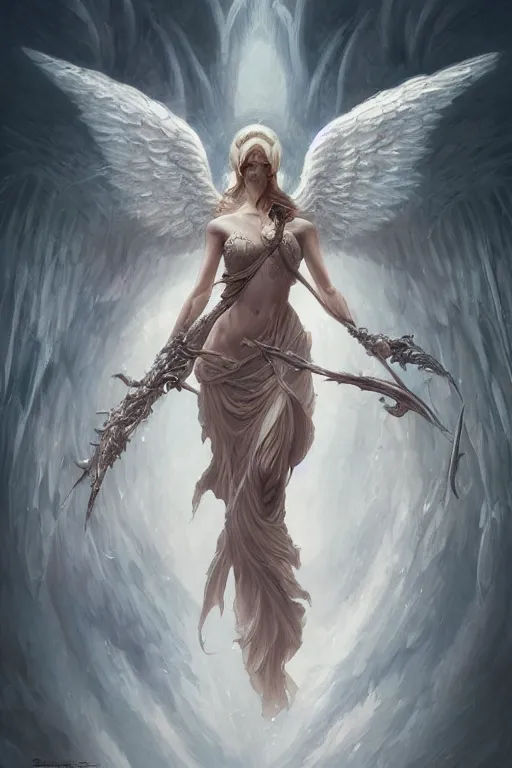 Image similar to full body portrait of a girl angel, wings, d & d, fantasy, intricate, elegant, highly detailed, digital painting, artstation, concept art, smooth, sharp focus, illustration, art by artgerm and greg rutkowski and peter mohrbacher & greg rutkowski & alexandros pyromallis & nekro & rene maritte