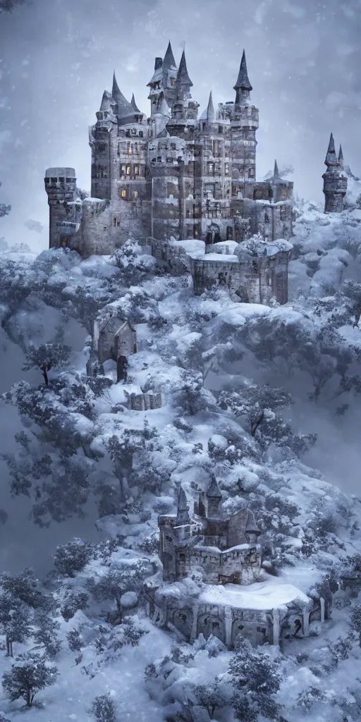 Image similar to a abandoned castle on the top of a snowy mountain, 8 k, shallow depth of field, intricate detail, concept art,