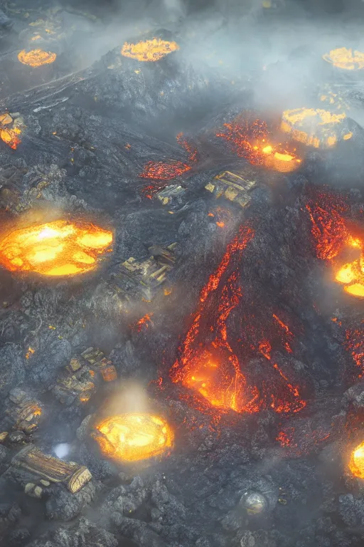 Prompt: dwarvish brass city in the caldera of an active molten volcano, fantasy setting, very detailed, steamy environment, 4 k