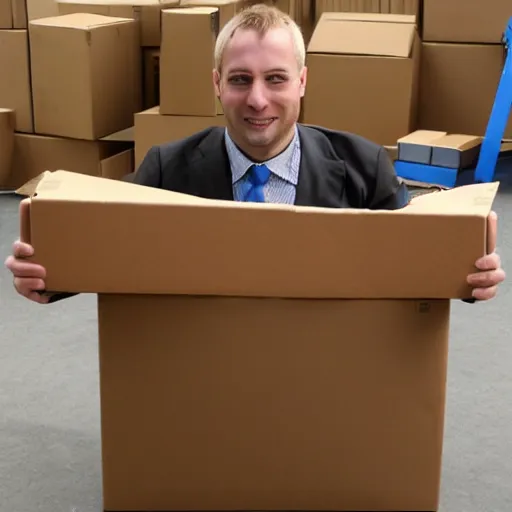 Image similar to a man dressed in cardboard boxes, boxman