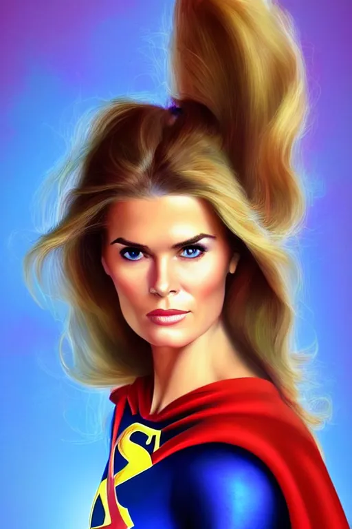 Image similar to portrait of a mix of beautiful young maria shriver, mariel hemmingway, brooke shields and elle macpherson as supergirl, thin lips, hair tied up in a pony tail, colorful artstation, cgsociety