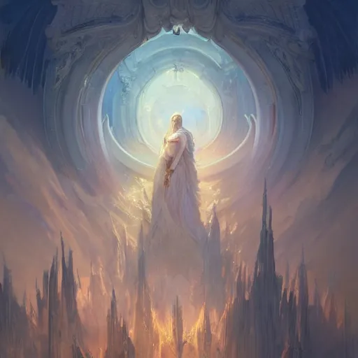 Image similar to concept art of absolutely gorgeous rendition of heaven and beautiful marble structure with many spirits and angels, artstation, glorious lighting, heavenly perfection. painterly strokes by dreadjim and greg rutkowski, james gurney, iridescent lighting and colors