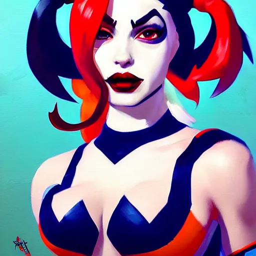 Image similar to Greg Manchess portrait painting of Harley Quinn as Overwatch character, medium shot, asymmetrical, profile picture, Organic Painting, sunny day, Matte Painting, bold shapes, hard edges, street art, trending on artstation, by Huang Guangjian and Gil Elvgren and Sachin Teng