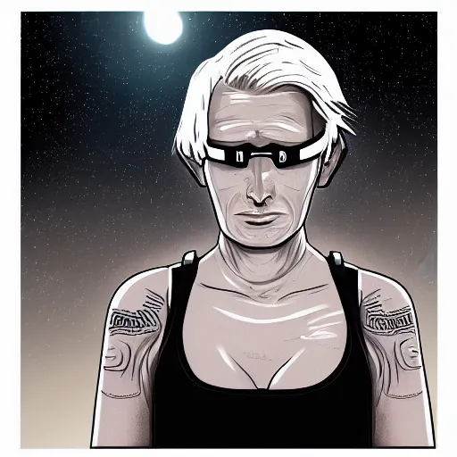 Image similar to detailed illustration of square - jawed emotionless serious blonde woman starship engineer, tribal tattoos, handsome, short slicked - back hair, sweating, uncomfortable and anxious, looking distracted and awkward, wearing victorian dark goggles, dirty white tank top, cargo pants, and gloves, small spacecraft in background, highly detailed, mike mignogna, trending on artstation