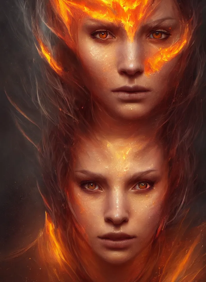 Image similar to a face portrait of a beautiful girl as a fire sorceress from skyrim, fantasy setting, beautiful face, serene colors, soft lighting, atmospheric, cinematic, moody, in the style of diego koi, gina heyer, luiz escanuela, art by alyssa monk, hyperrealism, rule of thirds, golden ratio, oil on canvas, 8 k