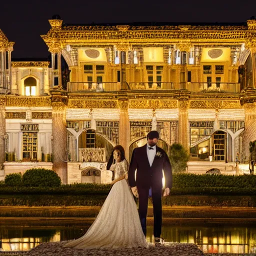 Prompt: A couple getting married in a venue, with a majestic Ottoman palace in the background, at night, well lit sky, close up shot on the couple, luxury, luxurious wedding, Ottoman Empire era, gold, photorealistic, ultra-detailed, 4k high resolution, HDR shot