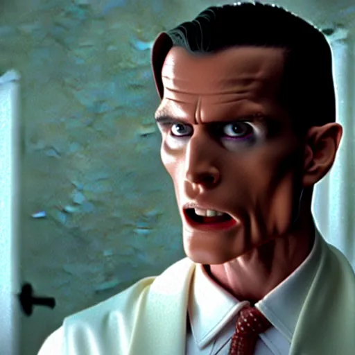 Image similar to a still of a Draconian in the American Psycho (2000), doing the Bateman stare, cinematic still, 4K Bluray