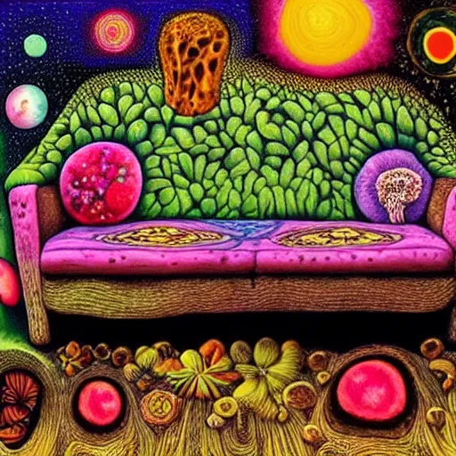 Image similar to psychedelic trippy couch in forest, planets, flowers, mushrooms milky way, sofa, cartoon by giuseppe arcimboldo