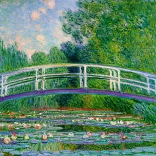 Image similar to A impressionism oil painting of water lilies pond at dusk, a bridge across the pond and a mansion near the pond, by Claude Monet