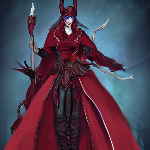 Prompt: Dungeons and Dragons character art for a female tiefling with red skin, horns, and a black cloak