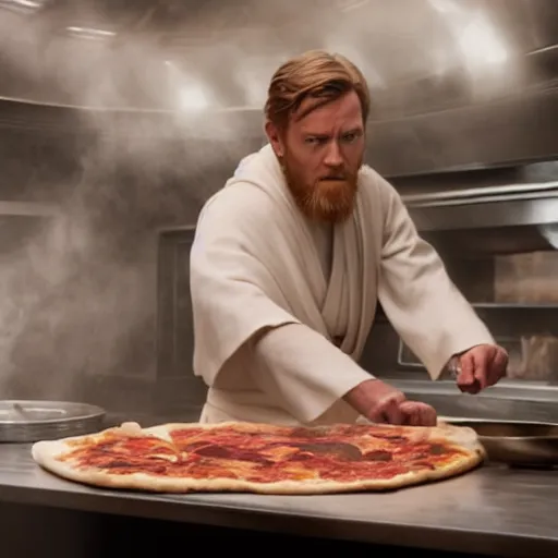 Prompt: A still of Obi-Wan Kenobi making a pizza, 4k, photograph, ultra realistic, highly detailed, professional lighting