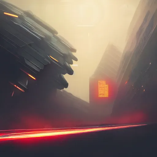 Prompt: cinematic view, giant futuristic cyberpunk spacecraft with small character silhouette in the foreground, blade runner, dense fog, bloom, cinematic contrasted lighting, ultra detailed, trending on artstation