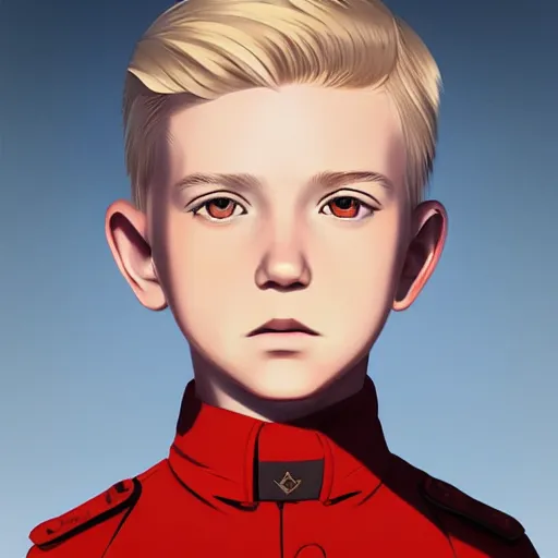 Image similar to portrait of blonde little boy wearing nazi uniform by ilya kuvshinov and anna dittmann and studio ghibli and wlop and rossdraws, digital art, trending on artstation, anime arts, featured on pixiv, red lighting, hd, 8 k, highly detailed, good lighting, beautiful, epic, masterpiece, nazi chiq