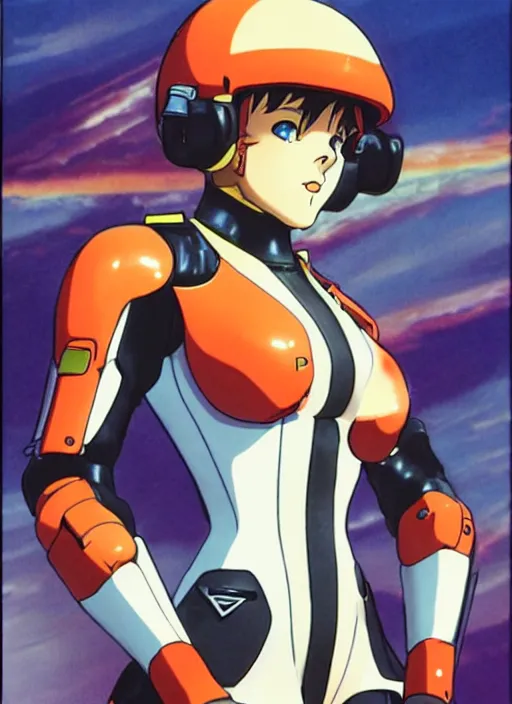 Image similar to Portrait of a female mech pilot in a latex bodysuit, 90s anime, cel-shaded, highly detailed, dramatic background, complementary lighting, poster