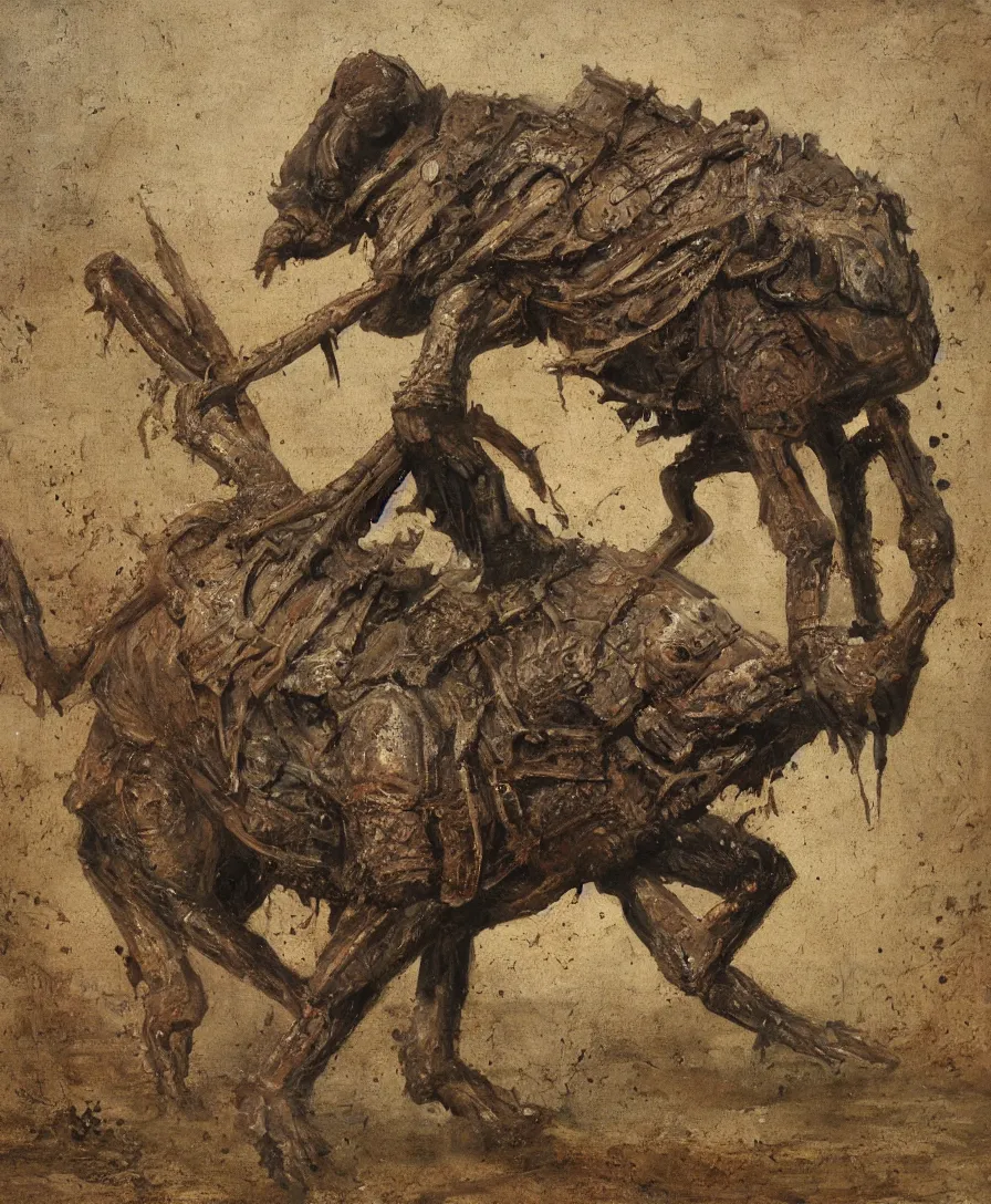 Prompt: Muddy bipedal warthog in armor. Armored warthog humanoid. Soot and stained warthog. oldpainting, oldmasters, digital illustration, centered on warthog, oil on canvas, private collection