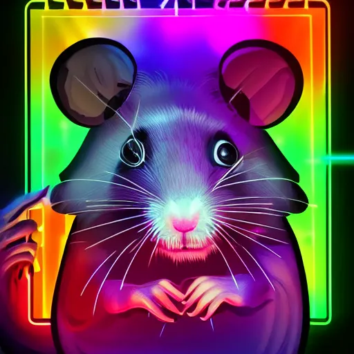 Image similar to cyberpunk hamster! holding rainbow! gem! crystal, neon lights, light reflection, 8 k, hd