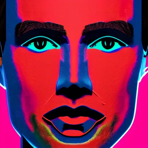 Prompt: a robot with the face of andy warhol, cyberpunk painting, award winning portrait, uncanny valley, dramatic lighting, detailed face, sharp focus, neon lighting