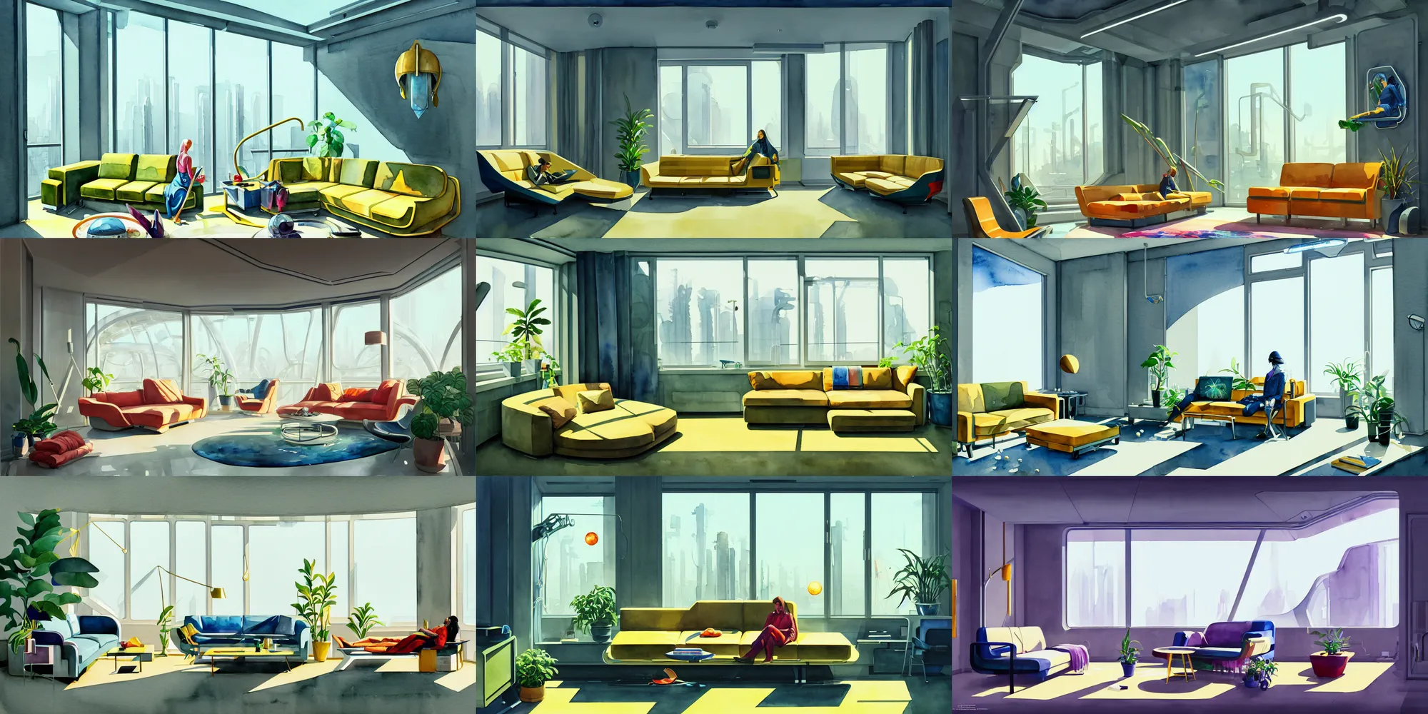 Prompt: a beautiful illustration of futuristic interior apartement, plants, sofa, bed, workstation, big medium small, golden ratio, in watercolor gouache detailed paintings, in style of syd mead, trending on artstation, 8 k, panel, hard surface, vent, zaha hadid, props, cozy, decoration, simon stalenhag, deus ex