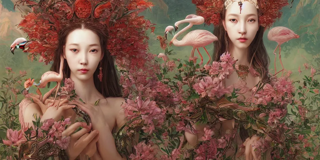 Image similar to breathtaking detailed weird concept art painting of the goddess of flamingo, orthodox saint, with anxious, piercing eyes, ornate background, epic composition, amalgamation of leaves and flowers, by Hsiao-Ron Cheng and John James Audubon and Miho Hirano, extremely moody lighting, 8K