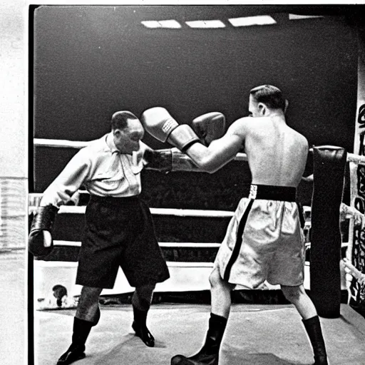 Image similar to Hitler fighting Stalin in a boxing ring