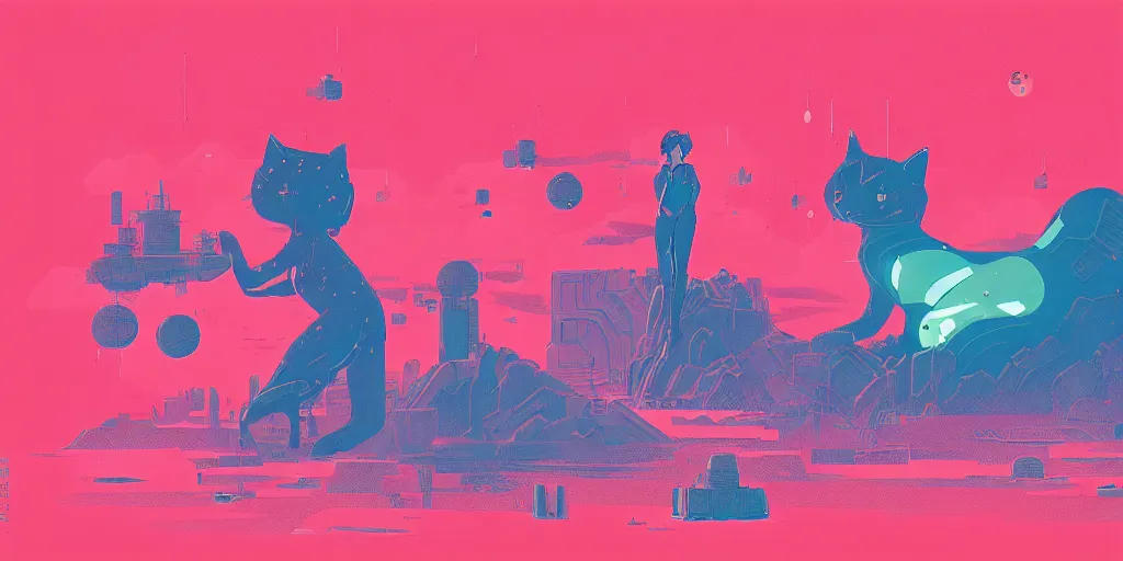 Prompt: sci - fi, risograph illustration, gigantic cat speaking to floating women in the air, cubes of ice around, a lot of tears, people crying, ominous, style by alberto mielgo, epic anime composition, super - detailed, full - shot, 8 k