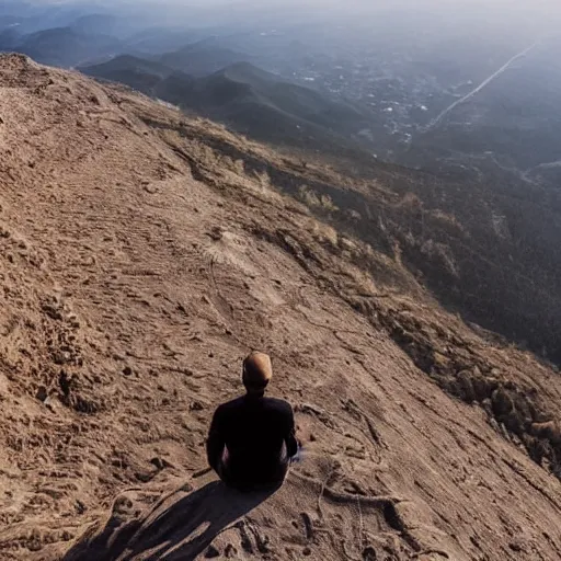 Image similar to man sitting on top peak mountain cliff looking at huge sand tornado