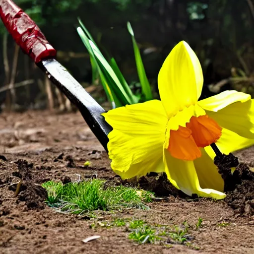 Image similar to a daffodil with fangs and arms wields a shovel as if to attack the viewer, only to be defeated by another flower wielding a sword