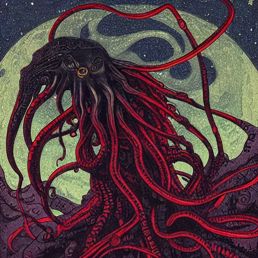 Prompt: Cthulhu, starry sky, Cthulhu Mythos, High detail, Ukiyoe, Comics, JamesJean, Caspar Friedrich, Zdzislaw Beksinsk