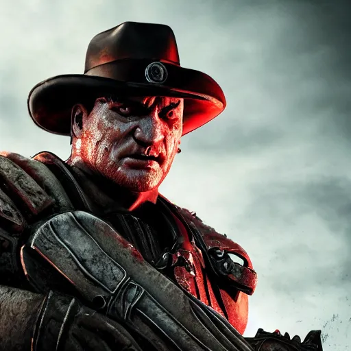 Image similar to freddy kruger in gears of war, splash art, movie still, detailed face, photorealistic facial features, cinematic lighting, dramatic, octane render, long lens, shallow depth of field, bokeh, anamorphic lens flare, 8 k, hyper detailed, 3 5 mm film grain