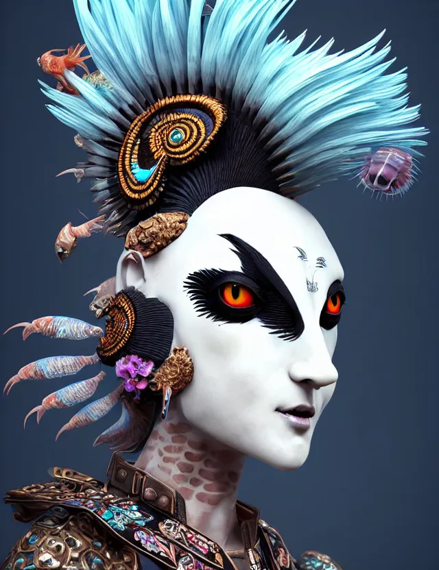 Image similar to 3 d goddess close - up profile portrait russian punk with mohawk with ram skull. beautiful detailed japanese crow kitsune mask and clasical japanese kimono. betta fish, jellyfish phoenix, bio luminescent, plasma, ice, water, wind, creature, artwork by tooth wu and wlop and beeple and greg rutkowski