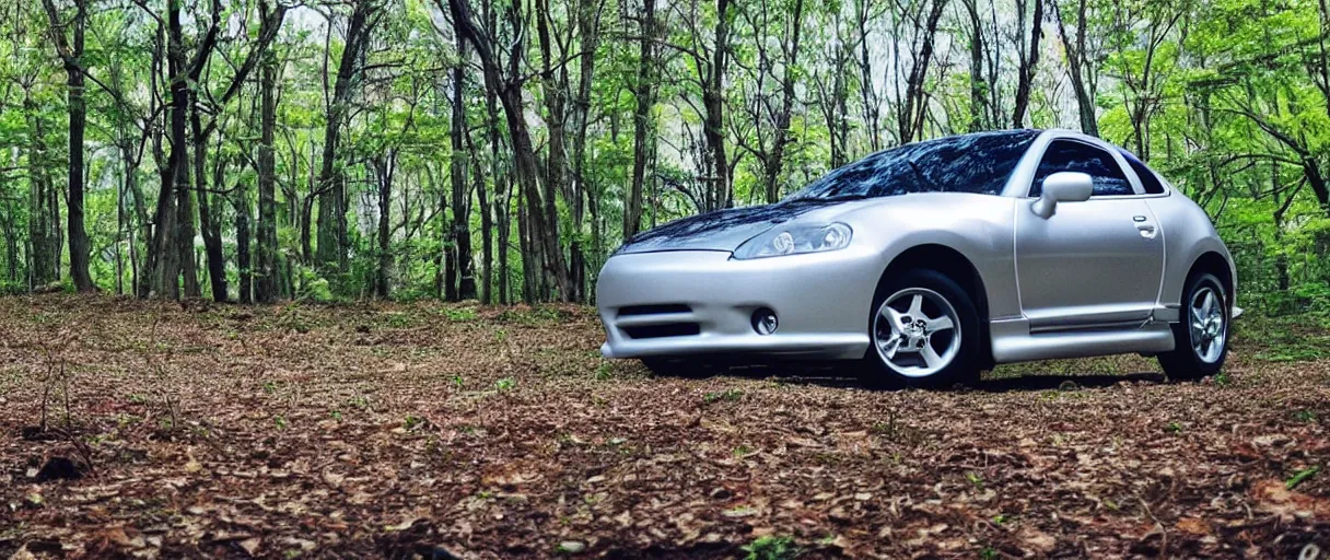 Image similar to “2003 Mitsubishi Eclipse white pearl on a us avenue wide angle forest background high speed Timelapse”