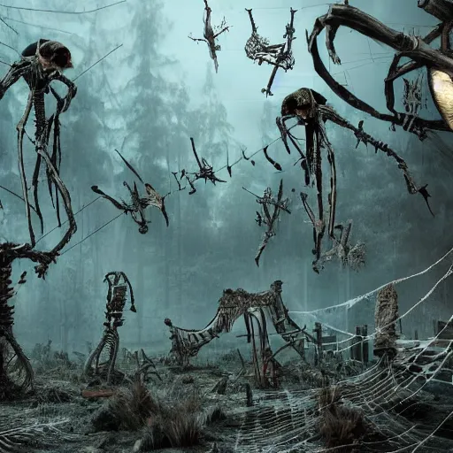 Image similar to exotic forest of bones and spiderwebs, post apocalyptic, hyper detailed