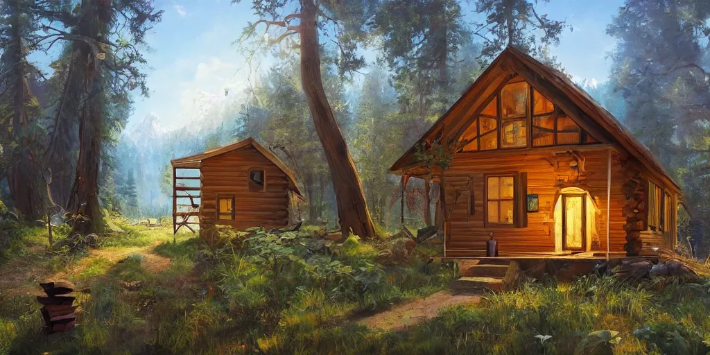 Image similar to a remote cabin in the woods that has a sign that says you kids better stay off my law, hyperrealistic, 8k by RHADS