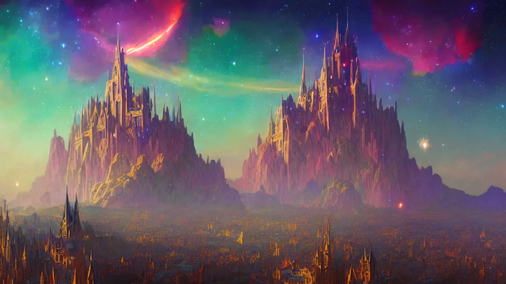 Image similar to a beautiful highly detailed matte painting of colorful castle nebulas by moebius, alphonse mucha, stars in the background, medium shot, highly detailed, intricate design, 8 k resolution, octane render, trending on artstation and cgsociety