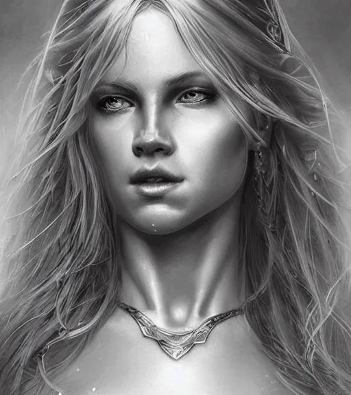 Prompt: portrait of beautiful aphrodite goddess as an archer warrior, beautiful piercing eyes, flowing blonde hair, realistic face, black and white drawing, in the style of greg rutkowski, fantasy, amazing detail, epic, intricate, elegant, smooth, sharp focus