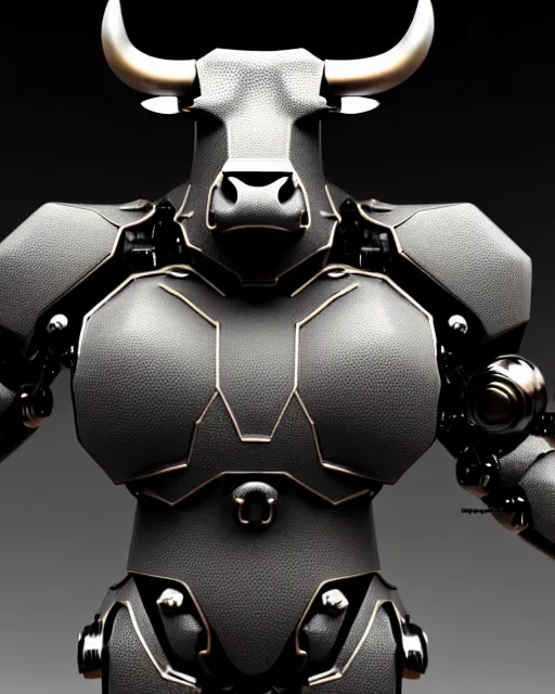 Image similar to a full body shot of an imposing cyborg bull modeled after a bull looking into the camera, contrast lighting, black skin!!!, intricate pattern, hard rubber chest, highly detailed, android, cyborg, full body shot, intricate, 3 d, symmetrical, octane render, fantasy, highly detailed, digital art, artstation, strong bokeh, black face