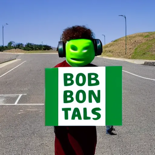 Prompt: a green bot holding a sign written talenting, talenting, with the text talenting