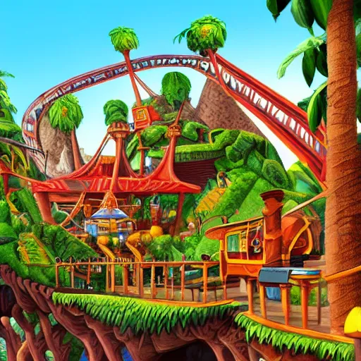 Image similar to digital concept art of donkey kong country theme park