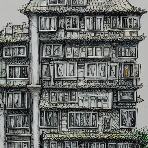 Image similar to a drawing of a house with a lot of windows, concept art by toriyama sekien, pixiv, maximalism, concept art, official art, maximalist