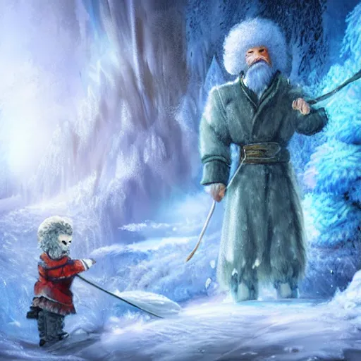 Prompt: Detalied full body painting of a Bob Ross of Ice and Snow in a fantasy art style, digital art, ultra detailed, light particles,mystic, cineamatic shot