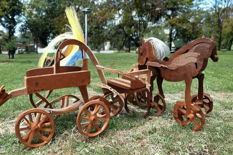 Prompt: a wooden toy horse pulling a wooden carriage, a storybook illustration by betye saar, pinterest contest winner, ecological art, made of cardboard, made of trash, ray tracing