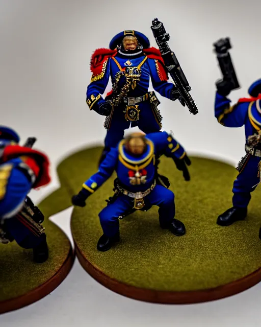 Image similar to british uk space marines guarding the queen, warhammer, high detailed, photography, cloudy, uk, plain, detailed face, look into the distance, serious face, full body, professional photographer, masterpiece, 5 0 mm, extremely detailed, 8 k