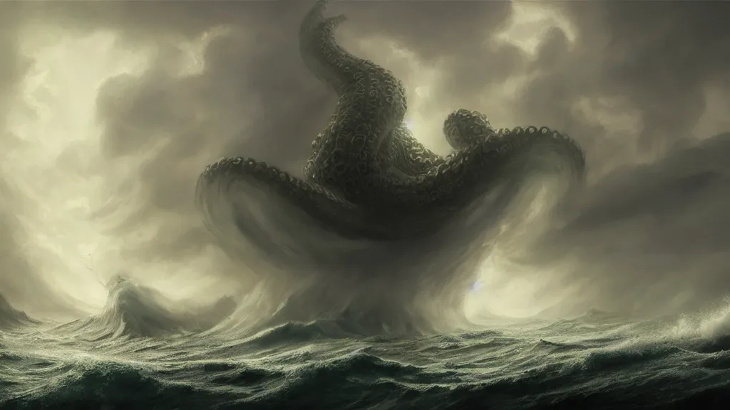 Prompt: a fantasy book landscape with massive big giant kraken in the background vs a small manned boat in the front, a stormy sea, giant waves, lightning in the background, soft digital painting, highly detailed, artstation, sharp focus, illustration, concept art, ruan jia, oil painting, 4 k