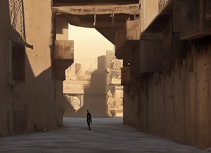 Prompt: old cyber jeddah city alley, roshan, old shops, horse, magical glowing sand gateway to another dimension, ( several robots )!!! and a man wearing a white robe standing watching over, dramatic lighting, dawn, by caspar david friedrich, unreal engine 5
