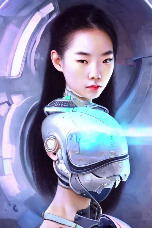 Image similar to portrait futuristic beautiful Asian trending on artbreeder Airforce armored pilot Girl, at inside of future fighter aircraft, ssci-fi, fantasy, intricate, very very beautiful, elegant, human anatomy, neon light, highly detailed, digital painting, artstation, concept art, soft light, smooth, sharp focus, illustration, art by tian zi and WLOP and alphonse mucha