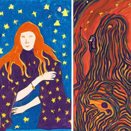 Image similar to A beautiful art installation of a woman with long flowing hair, wild animals, and a dark, starry night sky. by Mikhail Larionov, by Noelle Stevenson manmade