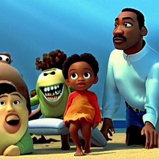 Prompt: still from a pixar movie, martin luther king jr shipwrecked on a desert island