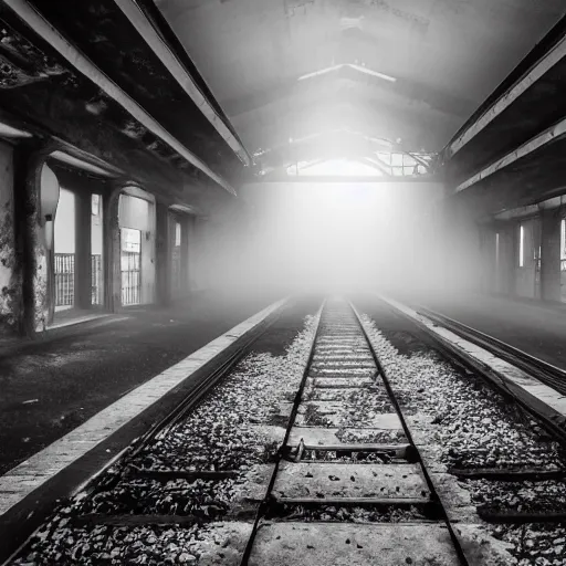 Prompt: derelict train station, cracked walls, dust, fog, hyperdetailed, 4 k